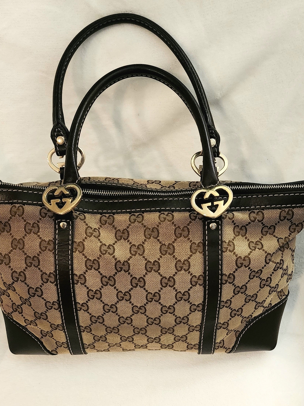 Gucci Brown Beige GG Canvas Tote with Dark Browm Trim and Gold Heart Hardware
